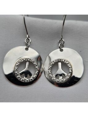 Circle of Peace Sign Symbol Earrings Sterling Silver Dandle Round